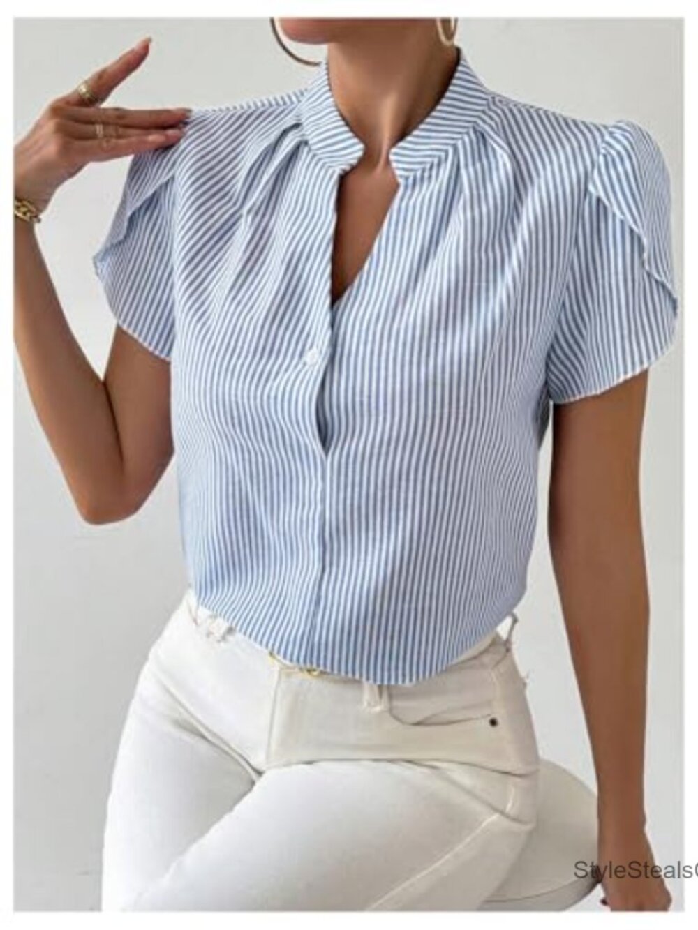 Striped V-Neck Blouse Short Sleeve Office Work Shirt Regular Fit - Picture 5 of 5